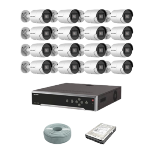 Hikvision 4MP IP camera kit, 32ch 4K AcuSense NVR with 16 POE, 16 x Hikvision 4MP AcuSense IP bullet cameras 40m IR, 6TB HDD, 300m cable