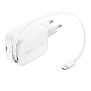 Belkin BoostCharge 45W Dual USB-C Wall Charger with Retractable Cable - White