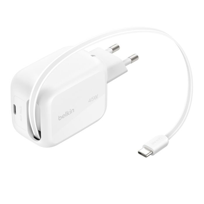 Belkin BoostCharge 45W Dual USB-C Wall Charger with Retractable Cable - White