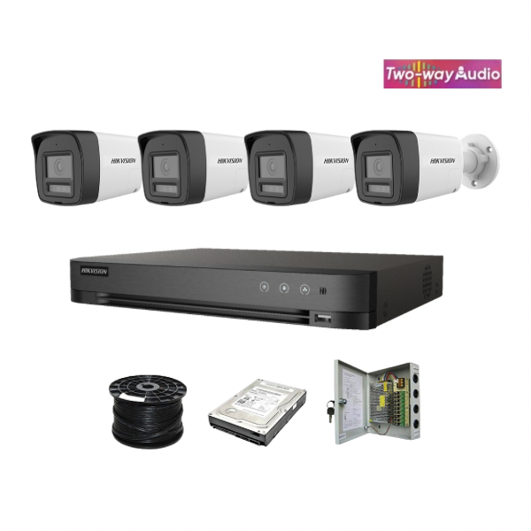 NEW! Hikvision 4ch Turbo HD kit - HD DVR - 4 x 2MP Two Way Audio & Siren - 1TB HDD - 100m Cable - 40M Night vision