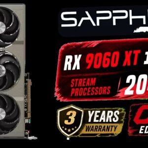 SAPPHIRE NITRO+ RX 9060 XT OC 16GB Graphics Card / 16GB GDDR6 Memory / 2048 Stream Processors / 128-bit Memory Interface / Boost Clock : 3320 MHz /