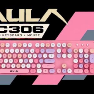 AULA AC306 Wireless Keyboard and Mouse Combo - Pink / Retro Round Keycaps / 2.4GHz Wireless / Full-Size 104-Key Membrane Keyboard / 800-1600 DPI