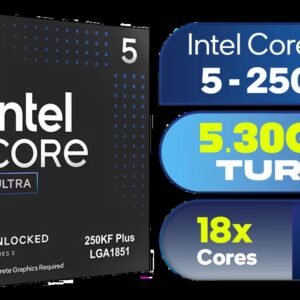 Intel Core Ultra 5 250KF Plus Desktop Processor / 18x (6P + 12E) Cores / 18x Threads / Up to 5.3GHz Turbo Boost / LGA 1851 Series Chipset 159W /