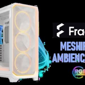 Fractal Design Meshify 3 Ambience Pro RGB White Tempered Glass Clear Tint E-ATX Mid-Tower Gaming Cabinet Case with Three Pre-Installed GP-14 Fans and