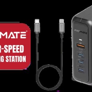 Promate Super-Speed Charging Station with Power Delivery 3.1 & Quick Charge 3.0 / 140W USB-C PD 3.1 / 100W & 30W USB-C PD Ports / 18W QC 3.0 Port /
