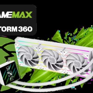 GAMEMAX HAILSTORM 360 Liquid Cooler - White / 3.95\" Modular LCD Screen / 360mm Radiator / 3x 120mm ARGB Fans / Copper Baseplate / Compatible with