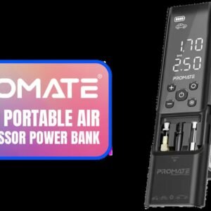 Promate 150PSI Portable Air Compressor Power Bank with LED Flashlight - Black / 7500mAh Battery Capacity / 150 PSI / Built-In TPMS / LED Flash Light