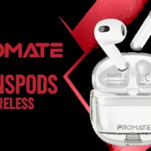 Promate TransPods High-Definition TWS Wireless Earphones - White / IntelliTouch Control / Crystal Clear Calls / Up to 26 Hours Playback Time /