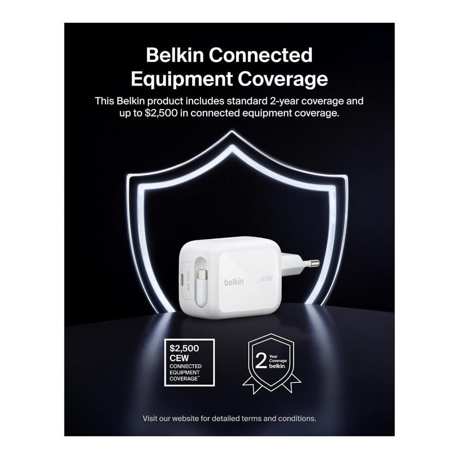 Belkin BoostCharge 45W Dual USB-C Wall Charger with Retractable Cable - White - Image 3