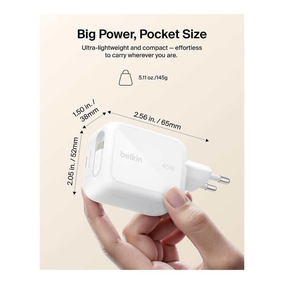 Belkin BoostCharge 45W Dual USB-C Wall Charger with Retractable Cable - White - Image 4