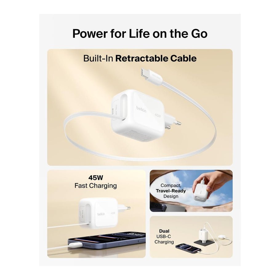 Belkin BoostCharge 45W Dual USB-C Wall Charger with Retractable Cable - White - Image 5