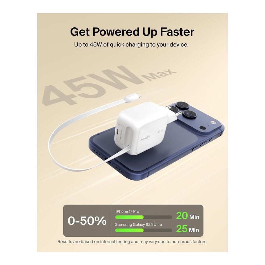 Belkin BoostCharge 45W Dual USB-C Wall Charger with Retractable Cable - White - Image 6