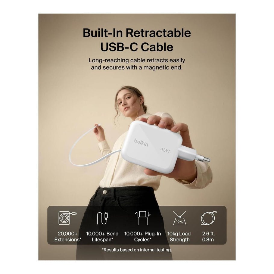 Belkin BoostCharge 45W Dual USB-C Wall Charger with Retractable Cable - White - Image 7